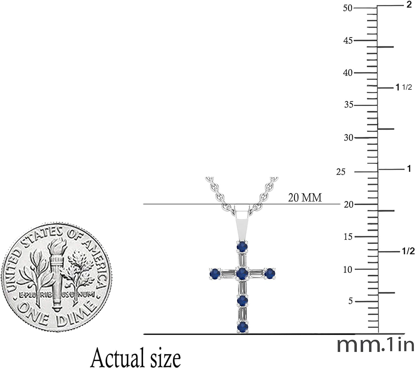 round Gemstone & Baguette White Diamond Ladies Cross Religious Pendant (Silver Chain Included), Available in Various Gemstones & Metal in 10K/14K/18K Gold & 925 Sterling Silver