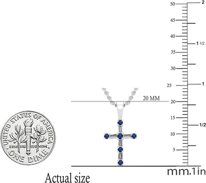 round Gemstone & Baguette White Diamond Ladies Cross Religious Pendant (Silver Chain Included), Available in Various Gemstones & Metal in 10K/14K/18K Gold & 925 Sterling Silver