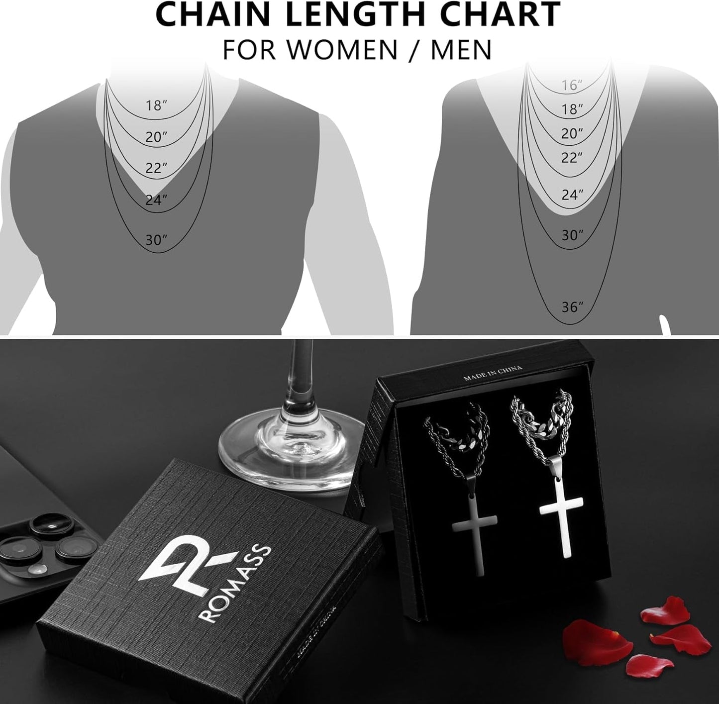 4Pcs Cross Necklace for Men,Stainless Steel Chains for Men Layered Necklaces Silver Gold Black Pendant Jewelry Box Gifts 18-24 Inches