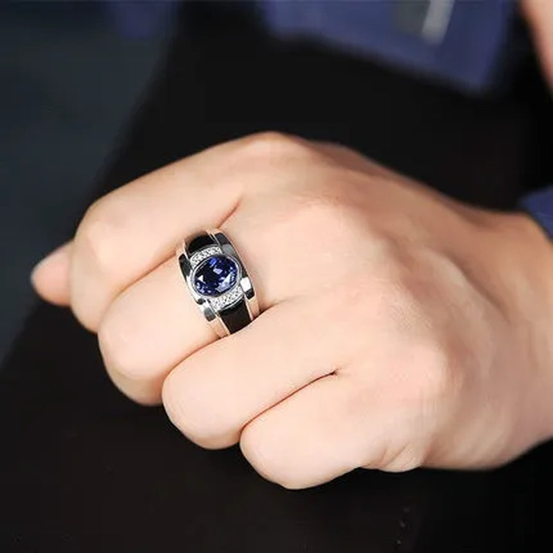 Business Men'S Fashion Ring Blue Zircon Ring Wedding Engagement Party Jewelry