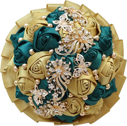 Golden Rhinestone Brooch Wedding Flowers Bridal Bouquets Crystal Bride Holding Bouquet White Ivory Satin Roses with Diamond - WORLD TIME VISITS