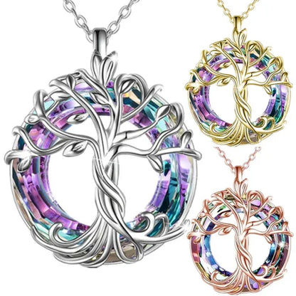 Exquisite Fashion Women'S Life Tree Necklace round Crystal Pendant Engagement Necklaces for Women Life Tree Jewelry Birthday Anniversary Gift