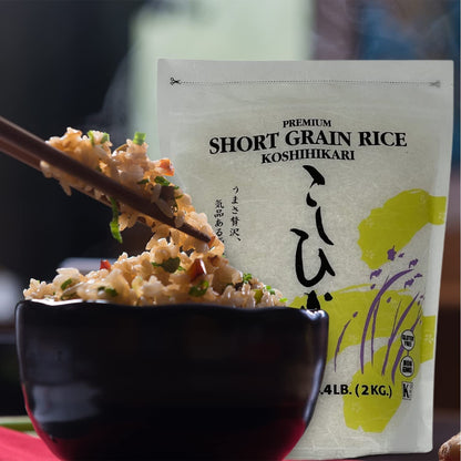 Dried Grains & Rice - Japanese Short Grain White Koshihikari Rice - Uncooked Premium Quality Sweet Sticky Sushi Rice, 4.4 Pounds Bag