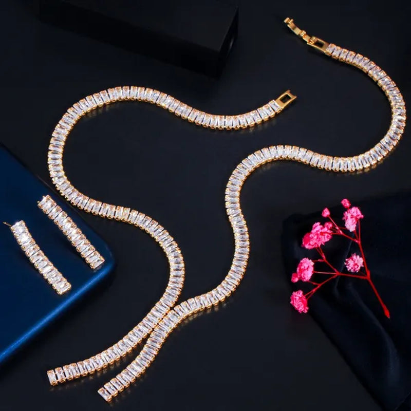 Gloriya Gorgeous Crystal Long Pendant Necklace Earrings Setting Yellow Gold Plated CZ Stone Ethiopian Indian Jewelry Set
