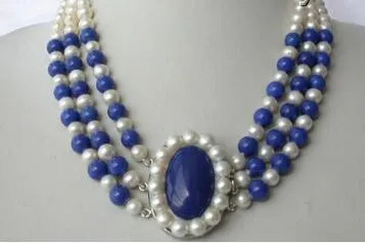 Freshwater Pearl White round &Lapis Lazuli Necklace