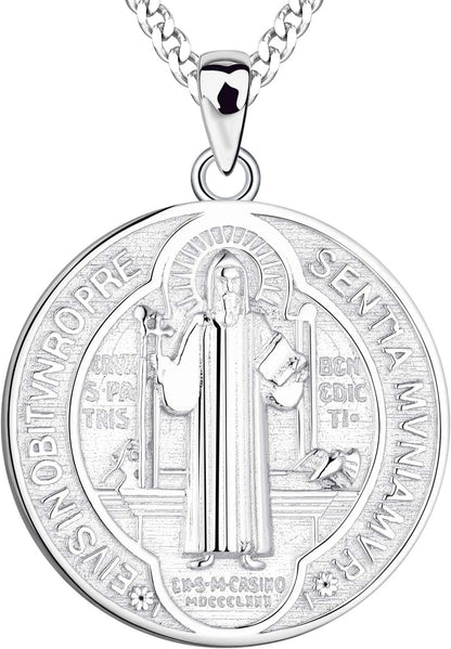 Saint Benedict Necklace 925 Sterling Silver Patron Saint Benedict Medal Pendant Amulet Protection Religious Jewelry for Men Women - WORLD TIME VISITS