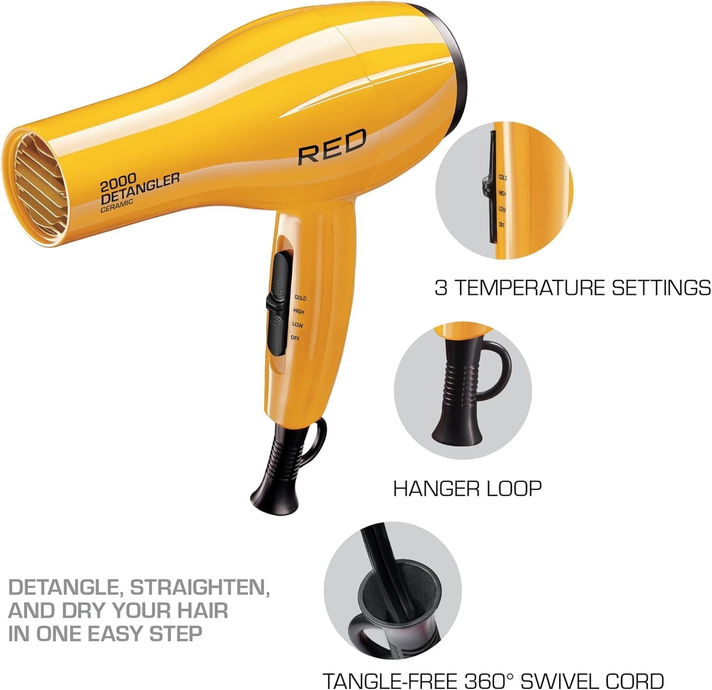 2000 Ceramic Hair Dryer, Professional Salon Blow Dryer 3 Attachments Included, 2 Detangler Piks, 1 Air Concentrator (Yellow)