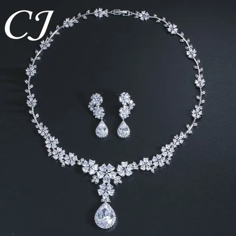 CANDICE High Quality Platinum Plating Wedding Party Costume Luxury CZ Stone Jewelry Flower Pendant Earrings Necklace Bridal Sets With Tear Drop Zirconia