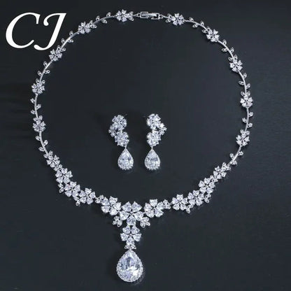 CANDICE High Quality Platinum Plating Wedding Party Costume Luxury CZ Stone Jewelry Flower Pendant Earrings Necklace Bridal Sets With Tear Drop Zirconia