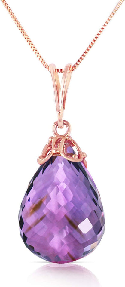 7 Carat 14K Solid Rose Gold Necklace with Natural Briolette-Shaped Amethyst Pendant