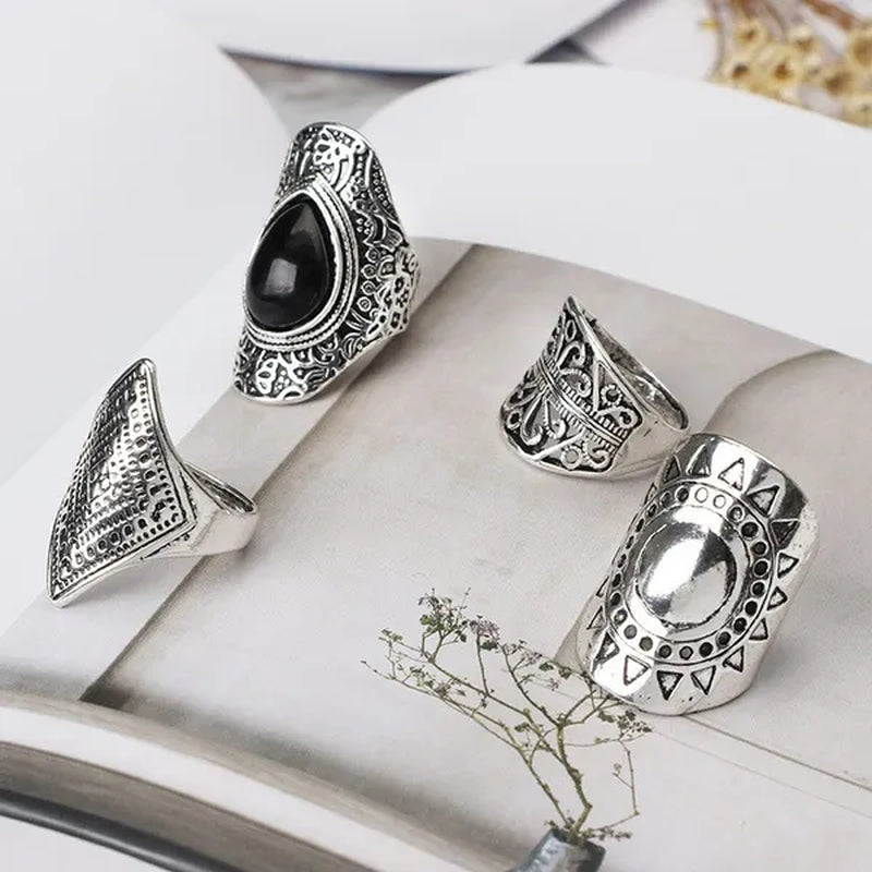 4Pcs/Set Vintage Silver Gypsy Boho Ethnic Ring Hollow Carved Gem Diamond Women  Rings