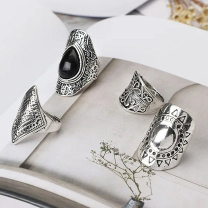 4Pcs/Set Vintage Silver Gypsy Boho Ethnic Ring Hollow Carved Gem Diamond Women  Rings
