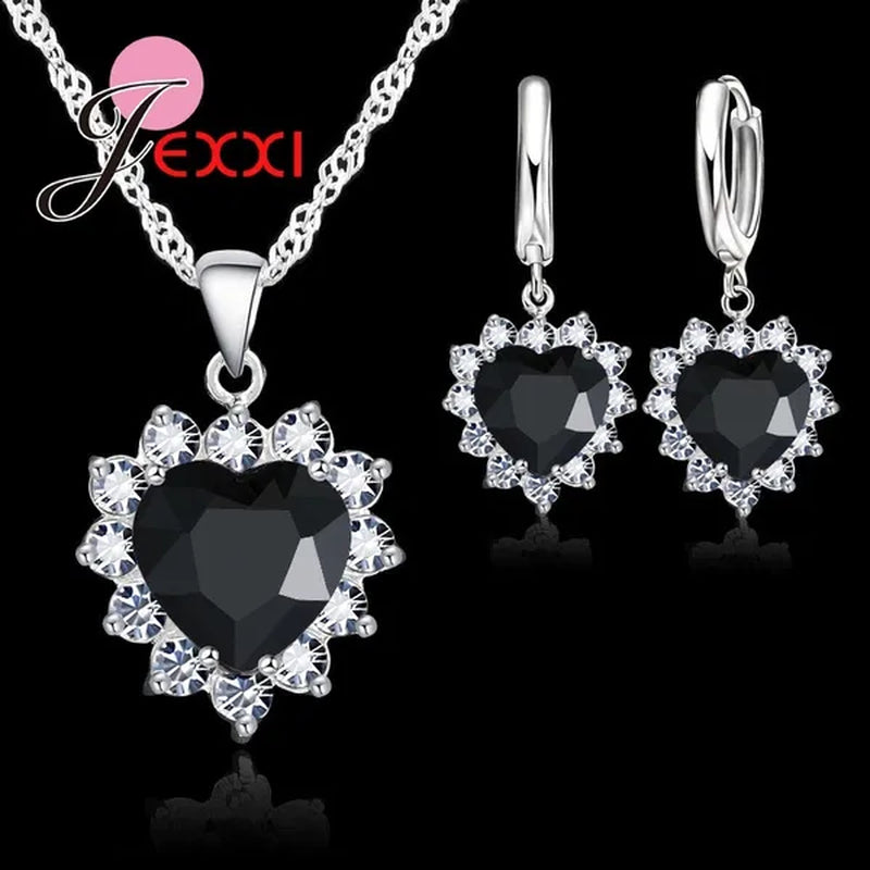 Trendy Heart Austrian Crystal 925 Sterling Silver Pendant Necklaces Earrings Set For Women Wedding Bridal Jewelry Sets