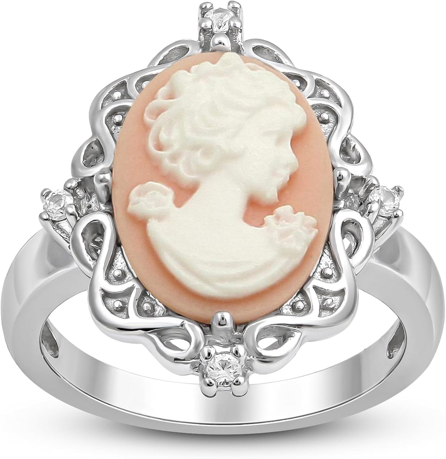 Pink or Blue Agate Cameo Ring in Sterling Silver with round Created White Sapphire