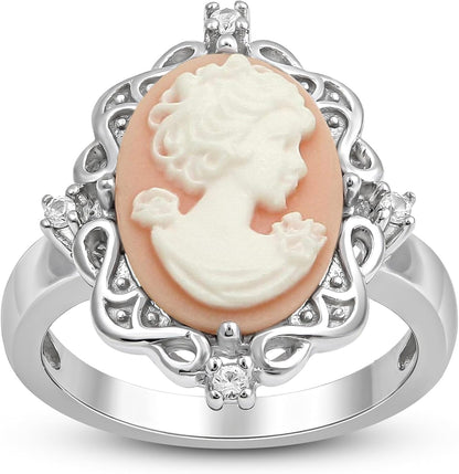 Pink or Blue Agate Cameo Ring in Sterling Silver with round Created White Sapphire