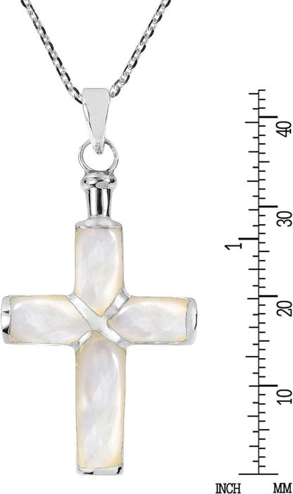 Spiritual Christian Cross White Mother of Pearl Inlaid .925 Sterling Silver Pendant Necklace | Religous Necklace Jewelry for Women | Jewelry Gift
