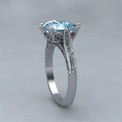 Fashion 2.0ct Round Cut Aquamarine Gemstone Ring Exquisite Silver Carver Flower Diamond Ring Couple Wedding Jewelry