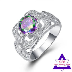Round Cut Rainbow & Pink White Topaz Gemstone 100% 925 Sterling Silver Ring Size 6 7 8 9