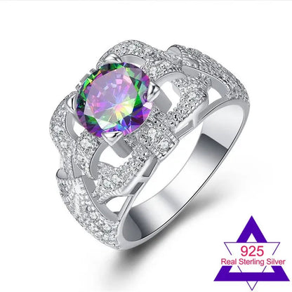 Round Cut Rainbow & Pink White Topaz Gemstone 100% 925 Sterling Silver Ring Size 6 7 8 9