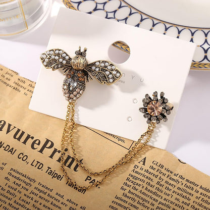 Antique Honey Bee Long Chain Collar Brooch Pin for Women Men Girls Crystal Rhinestone Flower Lapel Brooches Hanging Tassel Tie Pins Vintage Birthday Christmas Jewelry Gifts for Dress Suit Badges