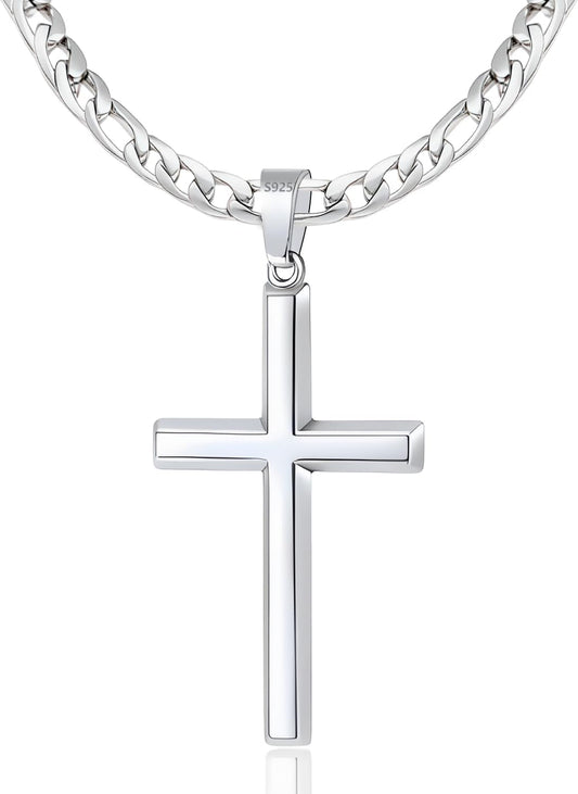 S925 Sterling Silver Beveled Edge Cross Necklace for Men Women with 5Mm Figaro Link Chain, Gold Plated/Sterling Silver Fashionable Men'S Crucifix Pendant Chain Necklaces 16-30 Inches - WORLD TIME VISITS