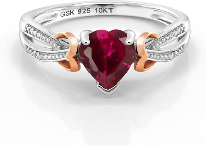 925 Silver and 10K Rose Gold Red Created Ruby and Diamond Ring for Women (0.98 Cttw, Heart Shape 6MM, Available in Size 5, 6, 7, 8, 9)