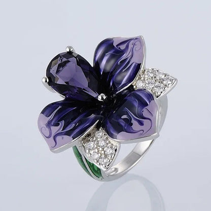 New Fashion Butterfly Flower Ring Jewelry Women 9Natural Gemstone Amethyst Ring Anniversary Christmas Gift Bridal Engagement Wedding Ring Size US5-11