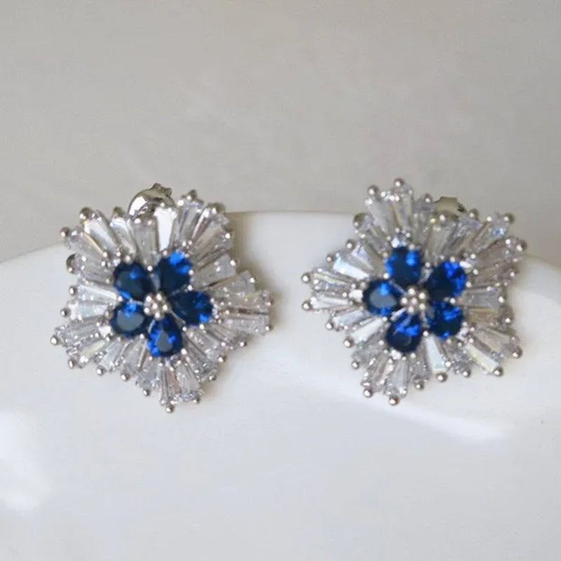 Charming Blue Sapphire Diamond Flower Stud Earrings for Women Enengagement Party Romantic Jewelry Lover Gifts - WORLD TIME VISITS