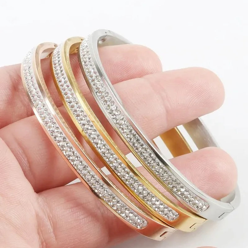 3 Colors Rose Gold Silver Two Row Crystal Rhinestone Pave Stainless Steel Bracelets Bangles for Women Girl Gifts