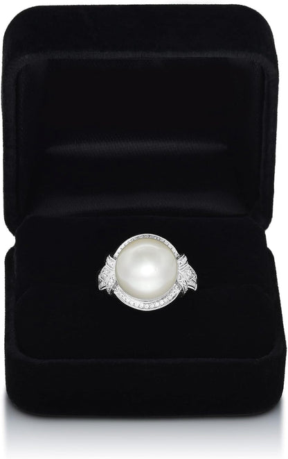 14K White Gold South Sea Pearl 13 Mm, Diamond 1/3 Ct Ring, Size 8