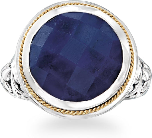 15.00 Carat Sapphire Bali-Style Ring in Sterling Silver and 18Kt Yellow Gold. Size 6