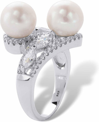 Palmbeach Jewelry Gold-Plated or Sterling Silver round Genuine Cultured Freshwater Pearl with Marquise Cubic Zirconia Bypass Ring