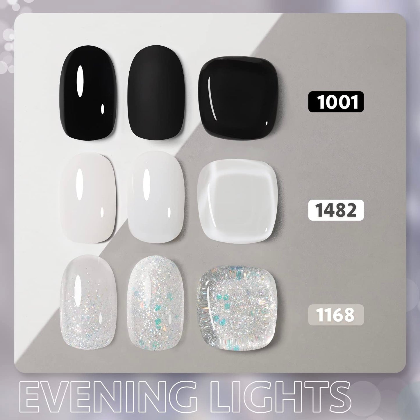 Gel Nail Polish Kit, 3 Colors Black Milky White Jelly Glitter, Sheer Clear Soak off UV Gel Polish Set - Evening Lights