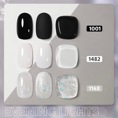 Gel Nail Polish Kit, 3 Colors Black Milky White Jelly Glitter, Sheer Clear Soak off UV Gel Polish Set - Evening Lights