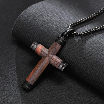 Wooden Cross Necklace for Men-Hawaiian Real Handmade Ebony Wood Cross Pendant Necklace Stainless Steel Chain, Mens Brown Cross Necklaces Koa Wood Jewelry Christian Baptism Crucifix Pendant for Men