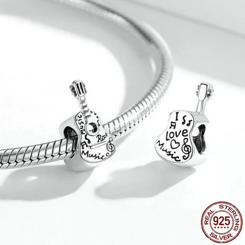 Fashion 925 Sterling Silver Simple Guitar Charm Fit Original Bracelet Diy - WORLD TIME VISITS
