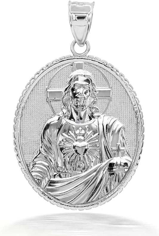 Religious Jewelry 925 Sterling Silver Sacred Heart of Jesus Christ Oval Medal Pendant Necklace - Choice of Pendant Only or Chain Length