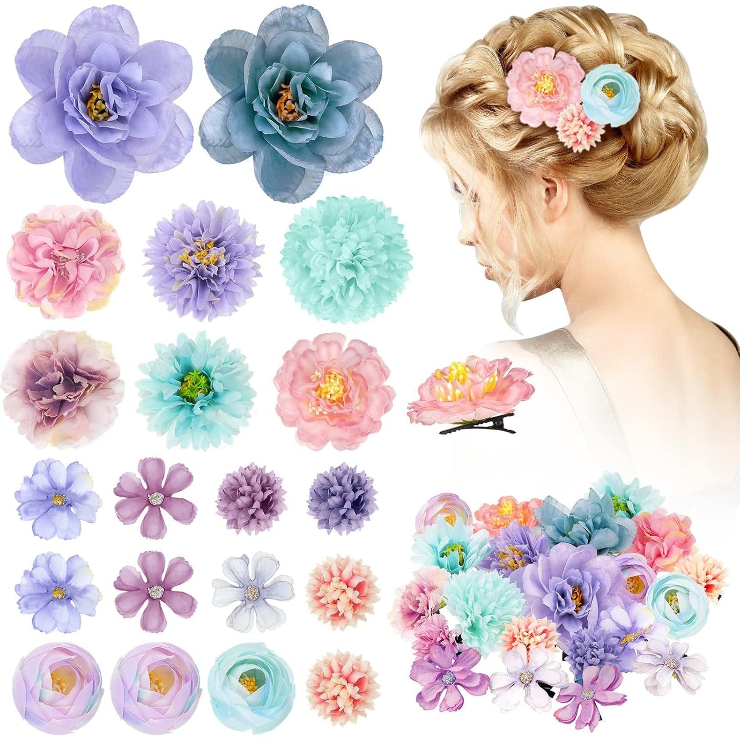 21 Pcs Flower Hair Clip Rose Hair Clips Barrettes for Women Flower Accessories Boho Bride Claw Clip Hairpin Brooch Pin Headpiece for Wedding(Blue, Purple)