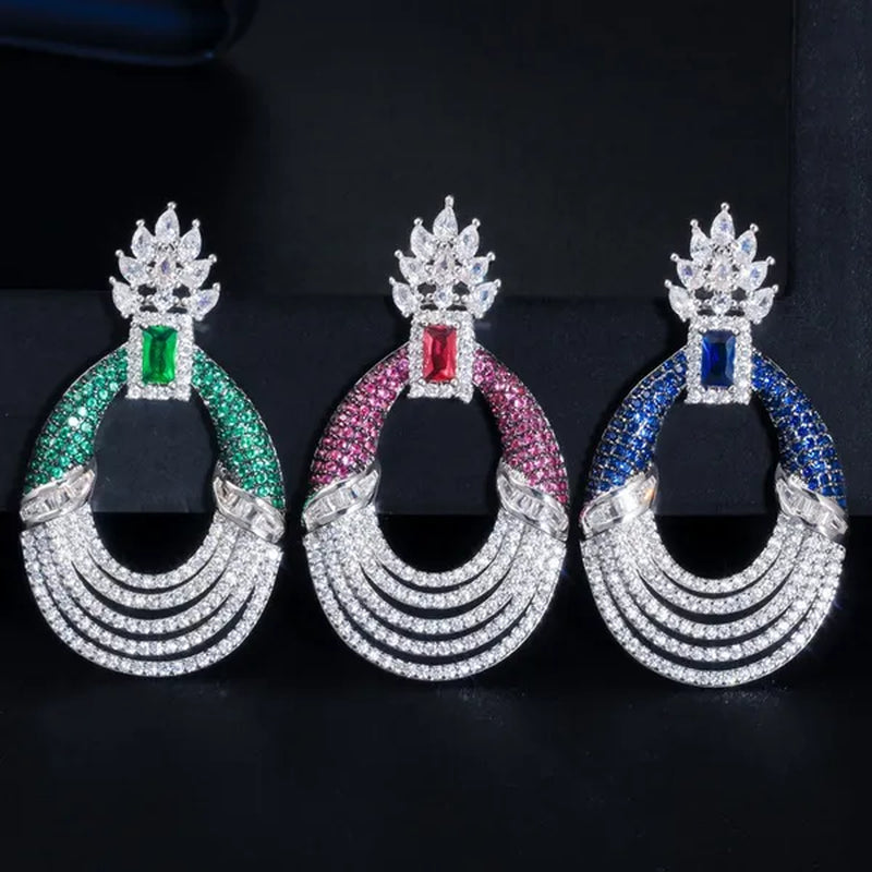 CANDICE Luxury Jewelry Setting Blue Cubic Zircon Silver Plated Statement Trendy Hollow Carved Earrings for Women Brincos