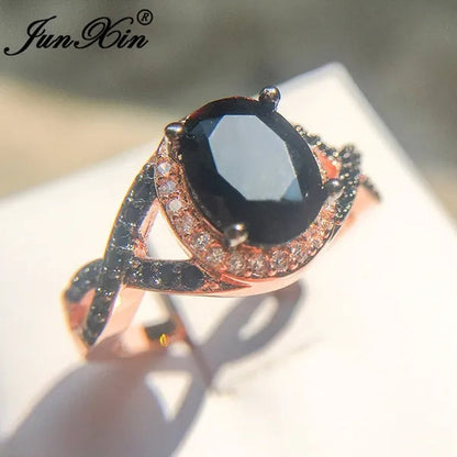 Exquisite Rose Gold Plated Large Oval Stone X Ring Women Filled Black Zircon Crystal Zircon Ring Female Wedding Ring Mother New Year Gift Princess Bride Engagement Wedding Ring Jewelry Size 4 5 6 7 8 9 10 11