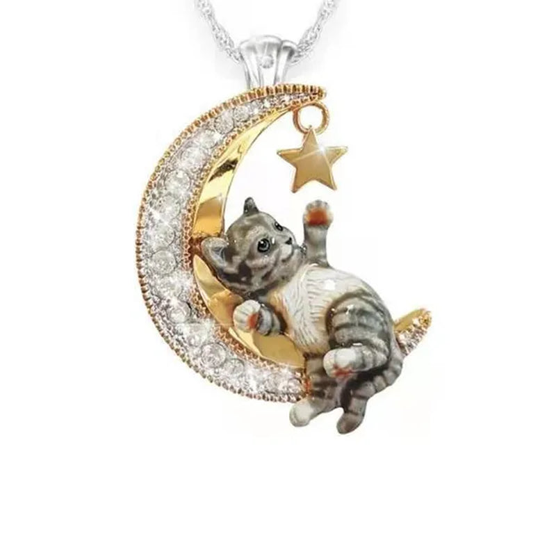 Cute cat necklace star moon diamond animal necklace wedding engagement anniversary princess jewelry gift