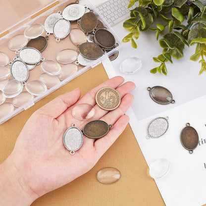 24Pcs Double Holes Photo Charms Connector Pendant Tray Blanks Bezel Cabochon Settings with 24Pcs Glass Cabochon Tiles Memorial Photo Pendant for Bouquet Wedding Graduation Photo Charm