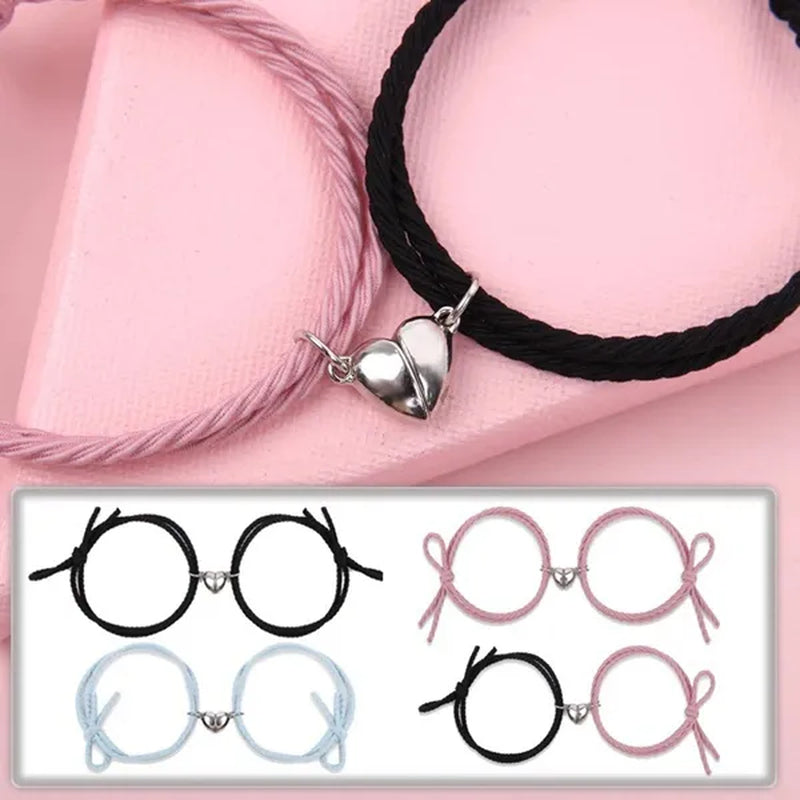 2Pcs Magnetic Bracelet Stainless Steel Heart Pendant Charm Couple Bracelets for Lover Friend Men Women Braid Rope Bracelets