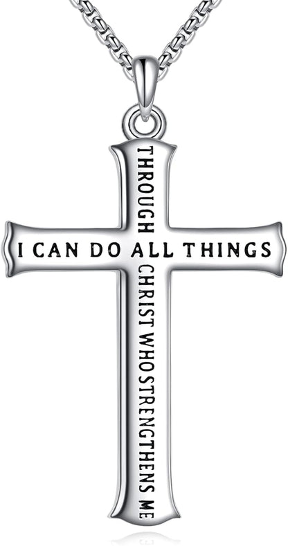 Men'S Cross Necklace Sterling Silver Catholic Faith Cross Pendant Necklace Christian Jewelry Gifts for Men - WORLD TIME VISITS