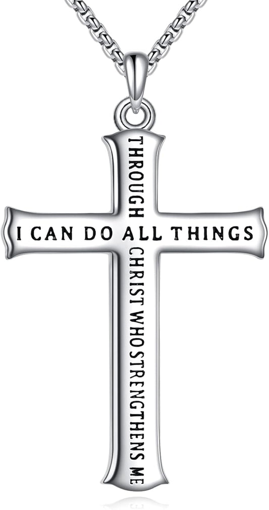 Men'S Cross Necklace Sterling Silver Catholic Faith Cross Pendant Necklace Christian Jewelry Gifts for Men - WORLD TIME VISITS