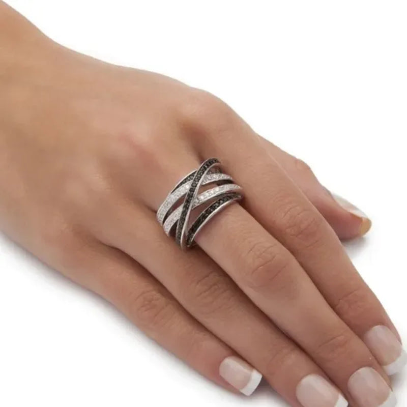 Trendy Multilayer 925 Sterling Silver Plated Diamond Black Gemstone Rings for Women Bridal Engagement Proposal Ring Jewelry