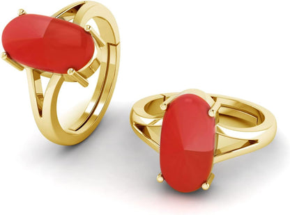 Natural Red Coral Moonga Certified Jewelry Gifts Ring 8.20 Carat Astrological Birthstone 22K Gold Plated Adjustable Ring for Men or Women