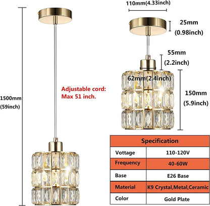 3 Pack Gold Crystal Pendant Light, Modern Glam Light Kitchen Island with ‎E26 Bulb Base, Small Crystal Hanging Lamp for Bar,Dining Room,Corridor,Living Room over Sink