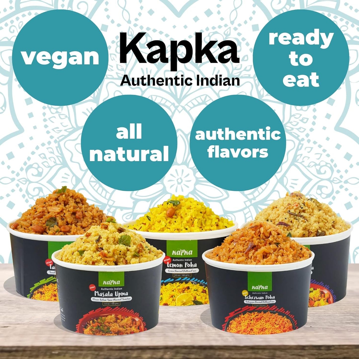 Assorted Variety Indian Meals - 5 Pack - Ready to Eat Authentic Vegan Prepared Food - Just Add Water - Microwaveable Plant-Based Snacks for Breakfast, Lunch, Non-Gmo, No Additives - 3.5Oz Each