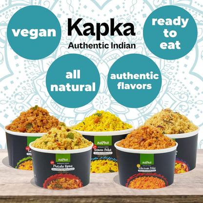 Assorted Variety Indian Meals - 5 Pack - Ready to Eat Authentic Vegan Prepared Food - Just Add Water - Microwaveable Plant-Based Snacks for Breakfast, Lunch, Non-Gmo, No Additives - 3.5Oz Each